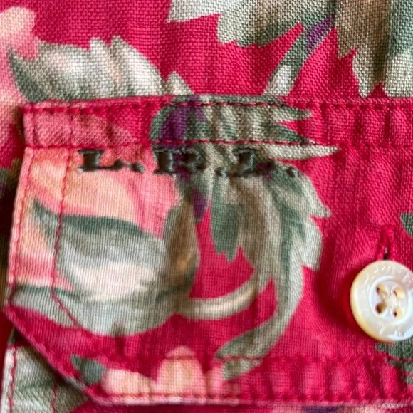 LRL Linen Floral Button Down Camp Shirt Women’s Medium Cottagecore Red Green - Picture 9 of 16